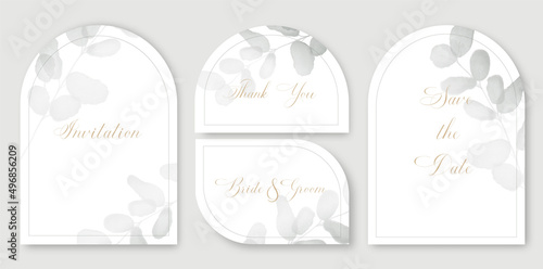 Luxury arch wedding invitation card background with green watercolor botanical leaves. Abstract floral art background vector design for wedding and vip cover template.