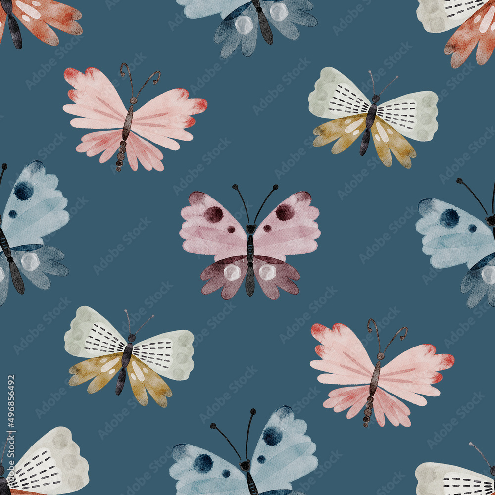 Seamless pattern with colorful butterflies on a blue background close-up, watercolor illustration. Seamless pattern with colorful butterflies on a blue background close-up, watercolor illustration.