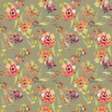 Seamless pattern with watercolor red flowers and leaves on a green background, hand painted.	
