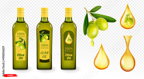 Olive branch and olive oil bottle isolated. Oil drops on transparent background. Realistic vector illustration of olive oil. Mockup of olive oil bottle.
