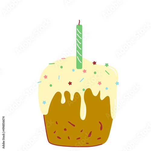 Easter cake with icing and green candle. Happy Easter. Vector illustration in hand-drawn style on a white background for postcard, decor, holiday