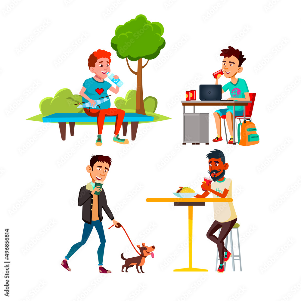 Teenagers Boys Drinking Fresh Beverage Set Vector. Teens Walking With Dog And Drinking Coffee, Sitting On Park Bench And Enjoying Water, Soda In Cafe And At Home. Characters Flat Cartoon Illustrations Teenagers Boys Drinking Fresh Beverage Set Vector. Teens Walking With Dog And Drinking Coffee, Sitting On Park Bench And Enjoying Water, Soda In Cafe And At Home. Characters Flat Cartoon Illustrations