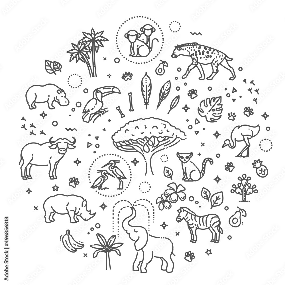 Vector. Set of linear vector african animals Vector. Set of linear vector african animals