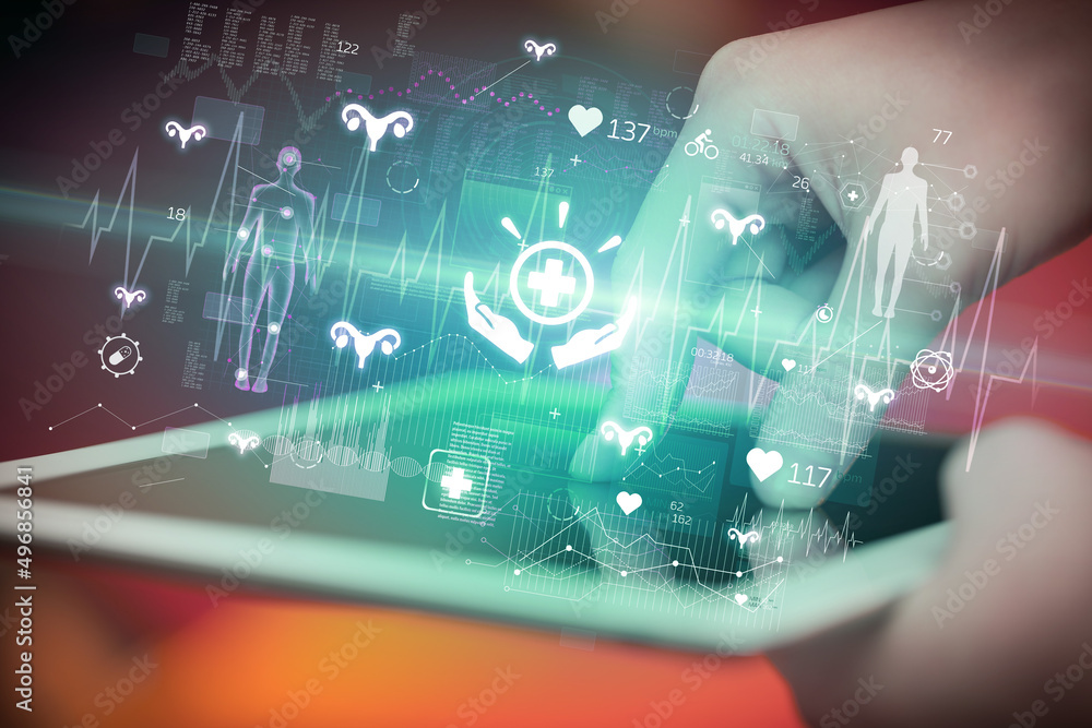 Close-up of a touchscreen with healthcare icons Close-up of a touchscreen with healthcare icons