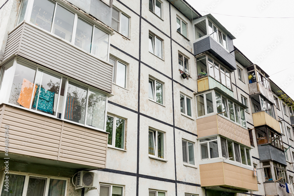 View of Khrushchyovka, common type of old low-cost apartment building in Russia and post-Soviet space. Kind of prefabricated buildings. Built in 1960s. Russia, Vladivostok.