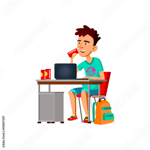 Teenager Boy Drinking Soda At Workplace Vector. Teen Make Home Exercise On Computer And Drinking Sweet Drink From Bottle. Character Working On Laptop And Enjoying Beverage Flat Cartoon Illustration © PikePicture