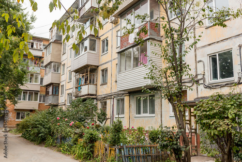 Courtyard of Khrushchyovka  common type of old low-cost apartment building in Russia and post-Soviet space. Kind of prefabricated buildings. Built in 1960s. Russia  Vladivostok.