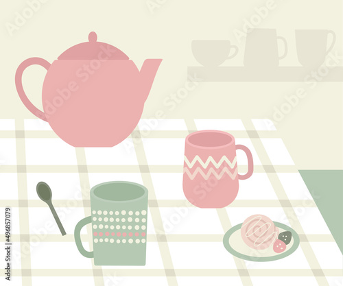 Still life with ceramic cups  kettle and cinnamon roll on the plate. Scandinavian life style vector illustration. Hygge time with tea.