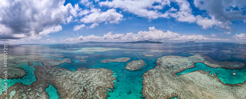 Beautiful drone aerial view of Mayotte lagoon, coral reef and island