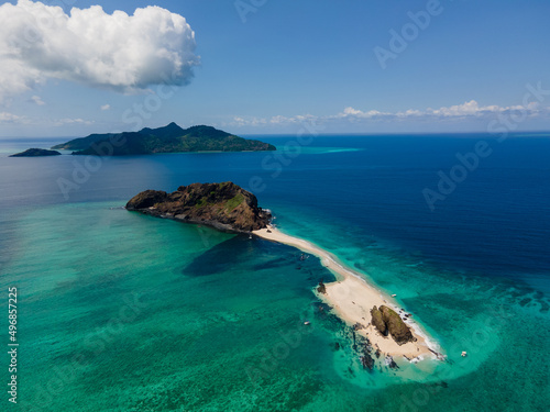 Beautiful drone aerial view of Mayotte lagoon, coral reef and island