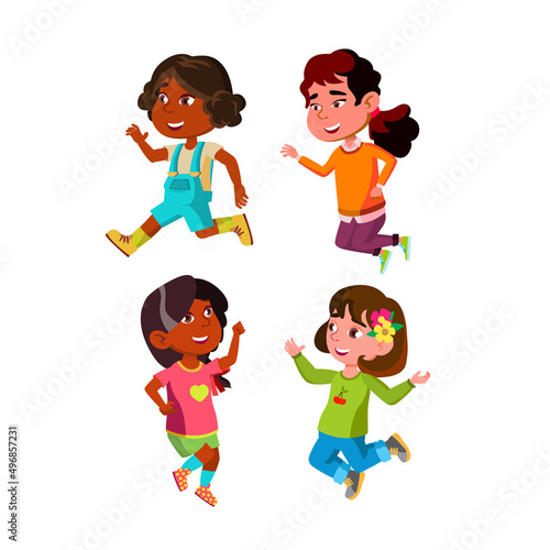 Jumping Kids Girls Celebrate Victory Set Vector. Children Girls Jumping With Positive Emotions And Celebrating. Happiness Characters Jumper Funny Leisure Time Flat Cartoon Illustrations