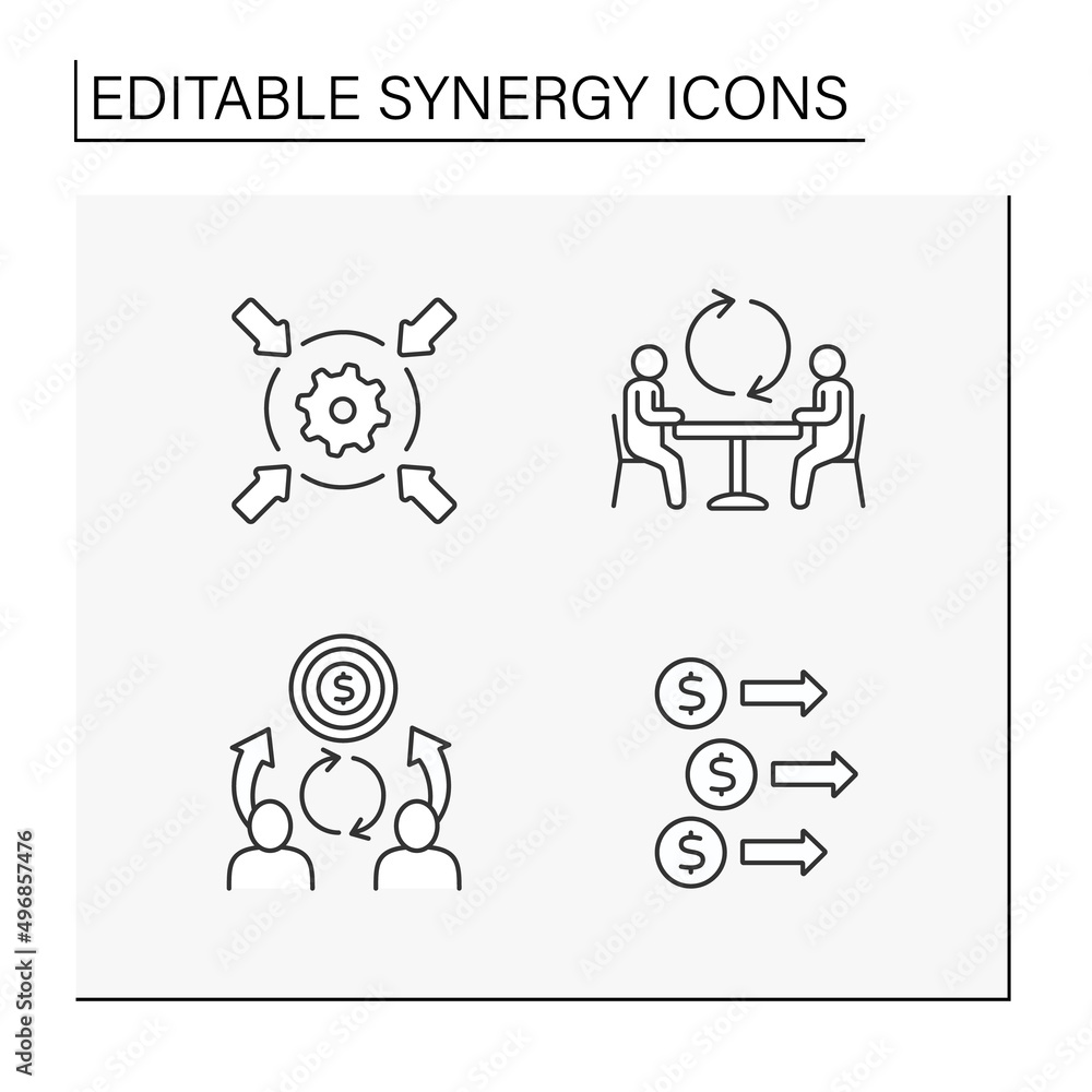 Synergy line icons set. Interaction or cooperation of organizations.Corporate investment, revenue and cost synergy, communication. Coworking concept. Isolated vector illustrations. Editable stroke
