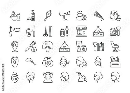 Set of beauty salon icons including barber chair, comb, cosmetic bottle, electric shaver, facial care, cream, deodorant, and makeup elements, perfect for spa, cosmetology, and personal care designs.