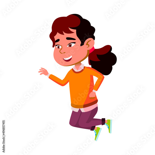 Kid Girl Jumping On Trampoline Equipment Vector. Happy Asian Child Lady Jumping And Enjoying Playful Time On Backyard. Chinese Character Jumper Sport Activity Flat Cartoon Illustration