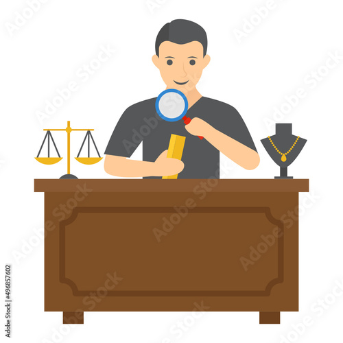 Goldsmith Sitting Behind the table Concept, jewel maker repairing vector color icon design, Crafting occupations symbol, hobby and art works Sign, Creative People stock illustration