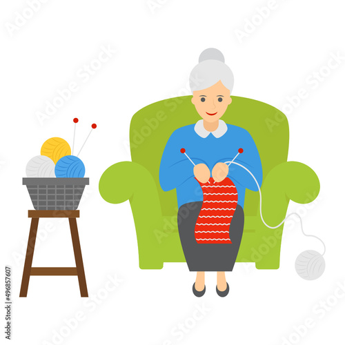 Hand knitting Concept, woman in the process of knitting while sitting on couch vector color icon design, Crafting occupations symbol, hobby and art works Sign, Creative People stock illustration