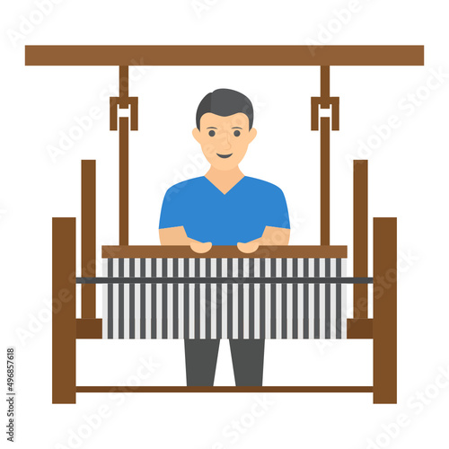 rugcrafter or rugmaker Concept, Woman passing a shuttle through the warp on a loom vector color icon design, Crafting occupations symbol, hobby and art works Sign, Creative People stock illustration