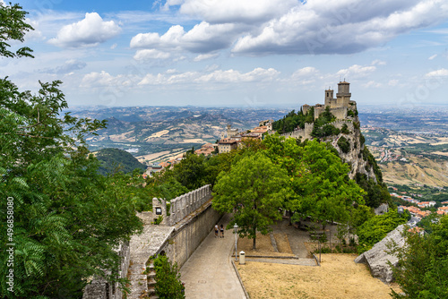 Scenic panoramic view of Guaita Fortress in the Republic of San Marino seen from Mount Titano