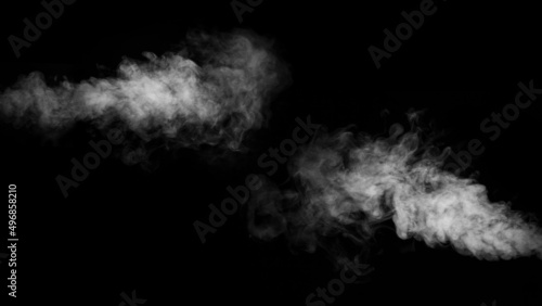 Set of two swirling, squirming smoke, vapor, isolated on a black background for overlaying on your photos. Fragment of horizontal steam