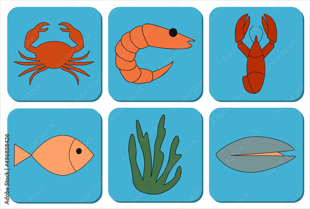 Flat line colored sea food icons Design element for web or app Vector illustration Isolated on blue background Flat line colored sea food icons Design element for web or app Vector illustration Isolated on blue background