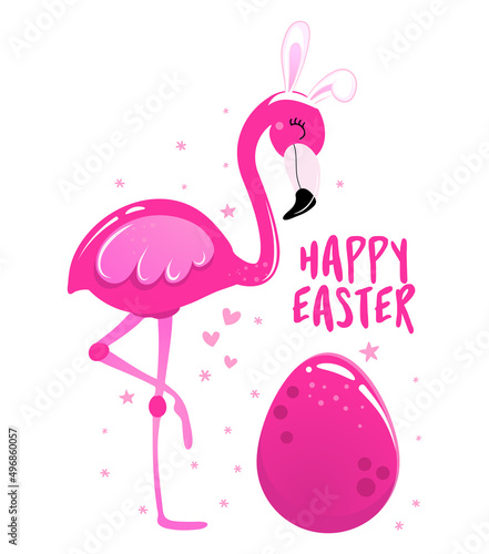 Canvas Print Happy Easter text with beautiful pink flamingo with easter bunny ears - Easter Day inspirational quote card, invitation