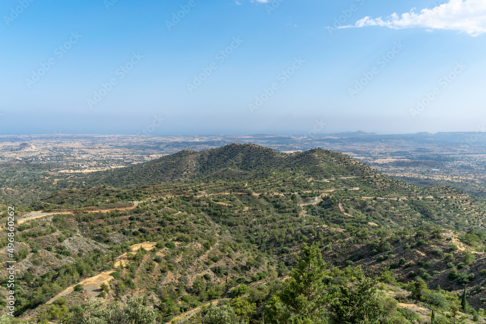 Beautiful view of the open spaces of the mountains of Cyprus with green trees
