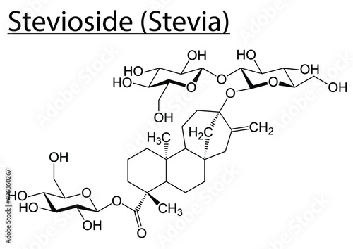 Vector of the chemical molecule structure of Stevioside (Sweetener - Stevia) on a white background