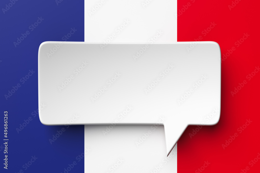 Social media notification icon, white bubble speech on the background of the flag of France. 3D rendering Social media notification icon, white bubble speech on the background of the flag of France. 3D rendering