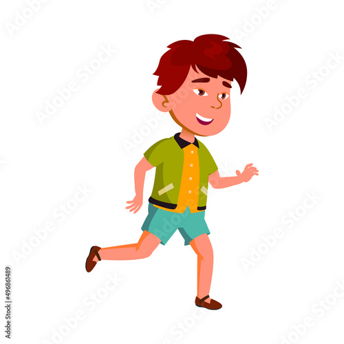 Kid Boy Running And Playing On Park Meadow Vector. Chinese Schoolboy Running And Enjoying Outside. Happiness Character Preteen Child Runner Enjoying Jogging Flat Cartoon Illustration
