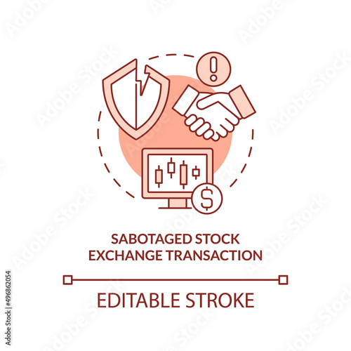 Sabotaged stock exchange transaction red concept icon. Form of information warfare abstract idea thin line illustration. Isolated outline drawing. Editable stroke. Arial, Myriad Pro-Bold fonts used