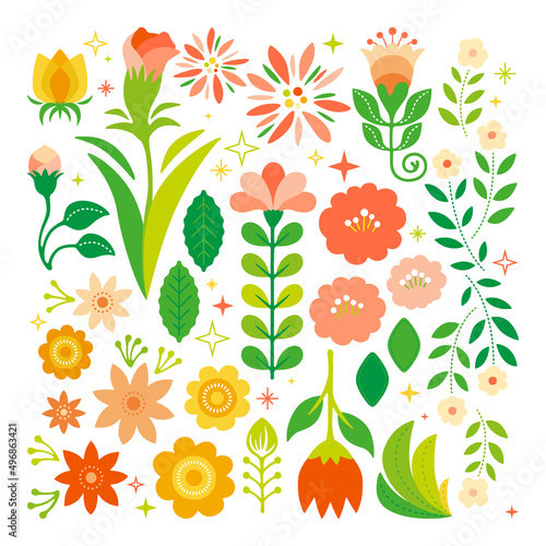 オレンジ色の花と葉のイラスト　白背景