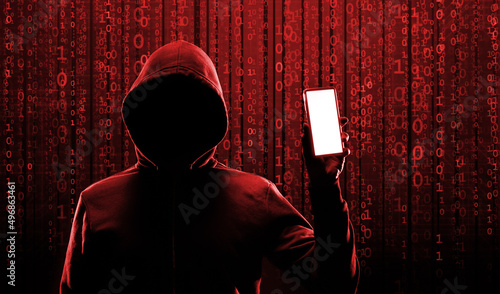 Computer Hacker in Hoodie. Obscured Dark Face. Hacker Attack, Virus Infected Software, Dark Web and Cyber Security Concept .