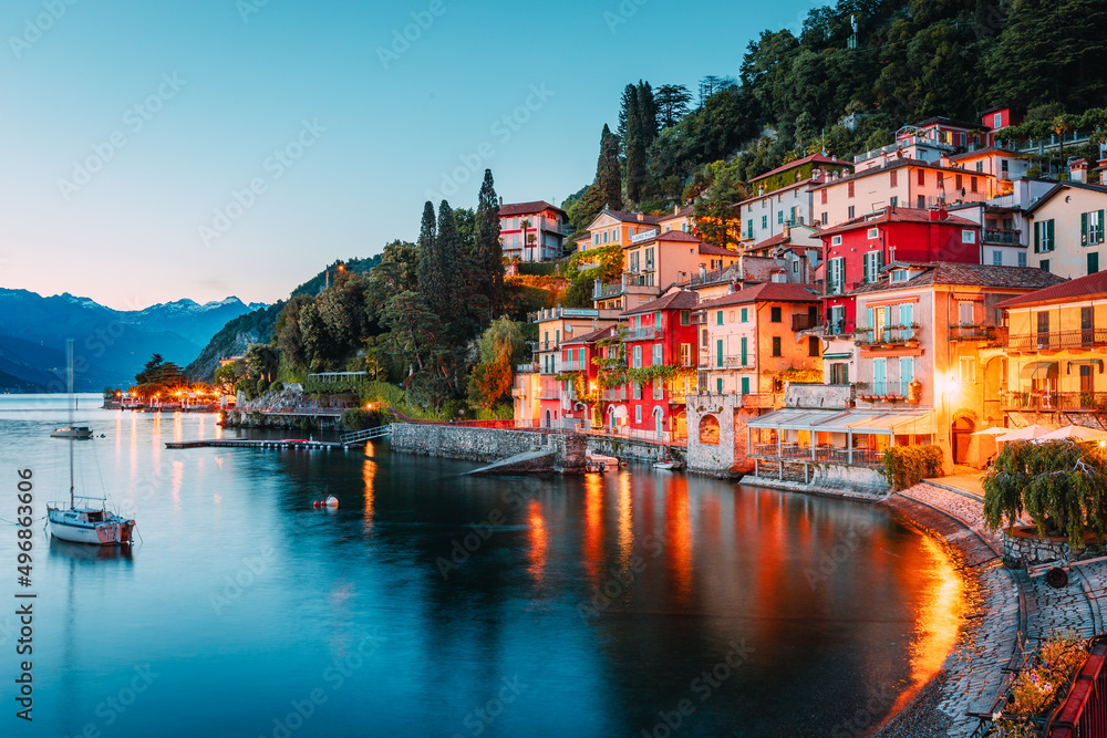 Village of Varenna on Lake Como at sunset with illuminated houses