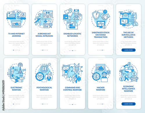 Information warfare blue onboarding mobile app screen set. Walkthrough 5 steps graphic instructions pages with linear concepts. UI, UX, GUI template. Myriad Pro-Bold, Regular fonts used