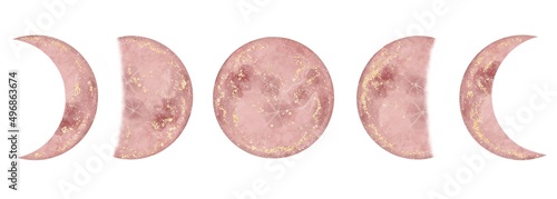 Vector moon phases. Pink watercolor moon with glitter.