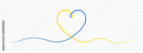 Blue yellow one line drawing heart in Ukraine flag colors. Continuous one line drawing of heart ribbon isolated on transparent background. Banner for support of Ukraine. Vector.