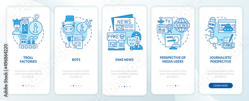 Information war over Internet blue onboarding mobile app screen. Walkthrough 5 steps graphic instructions pages with linear concepts. UI, UX, GUI template. Myriad Pro-Bold, Regular fonts used