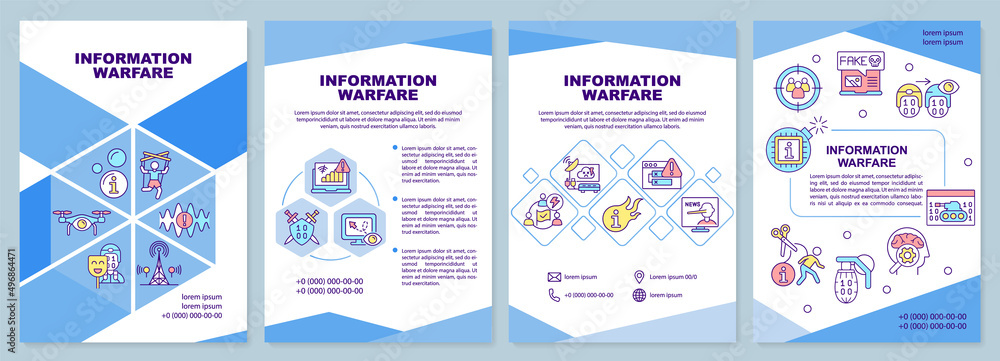 Information warfare blue brochure template. Mislead adversaries. Leaflet design with linear icons. 4 vector layouts for presentation, annual reports. Arial-Black, Myriad Pro-Regular fonts used