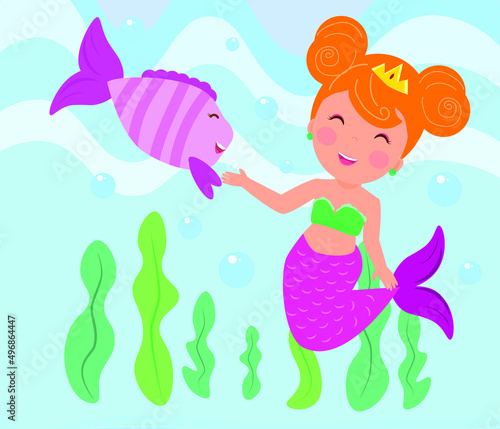 Mermaids are friends with small fish and are in the sea.