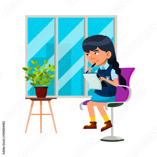 Schoolgirl Thinking And Dreaming At Home Vector. Asian School Girl Sitting On Chair Near Window And Thinking About Project Or Writing Educational Plan In Notebook. Character Flat Cartoon Illustration