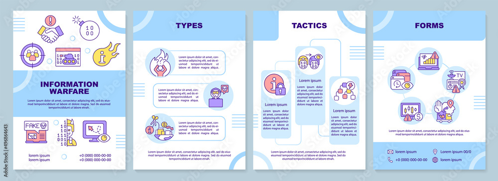 Information warfare weapons blue brochure template. Mislead adversary. Leaflet design with linear icons. 4 vector layouts for presentation, annual reports. Arial-Black, Myriad Pro-Regular fonts used