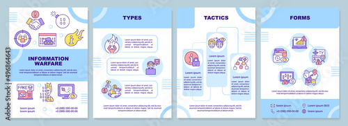 Information warfare weapons blue brochure template. Mislead adversary. Leaflet design with linear icons. 4 vector layouts for presentation, annual reports. Arial-Black, Myriad Pro-Regular fonts used