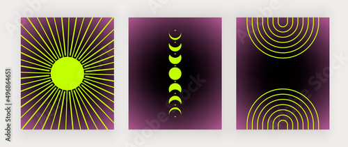Groovy retro wall art prints with boho light green and black shapes
