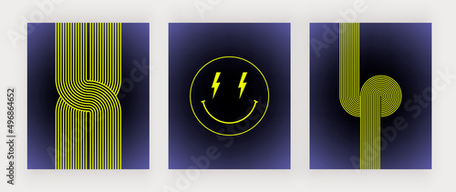 Groovy retro smiley face and geometric lines wall art prints 
