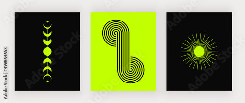 Groovy retro wall art prints with boho light green and black shapes
