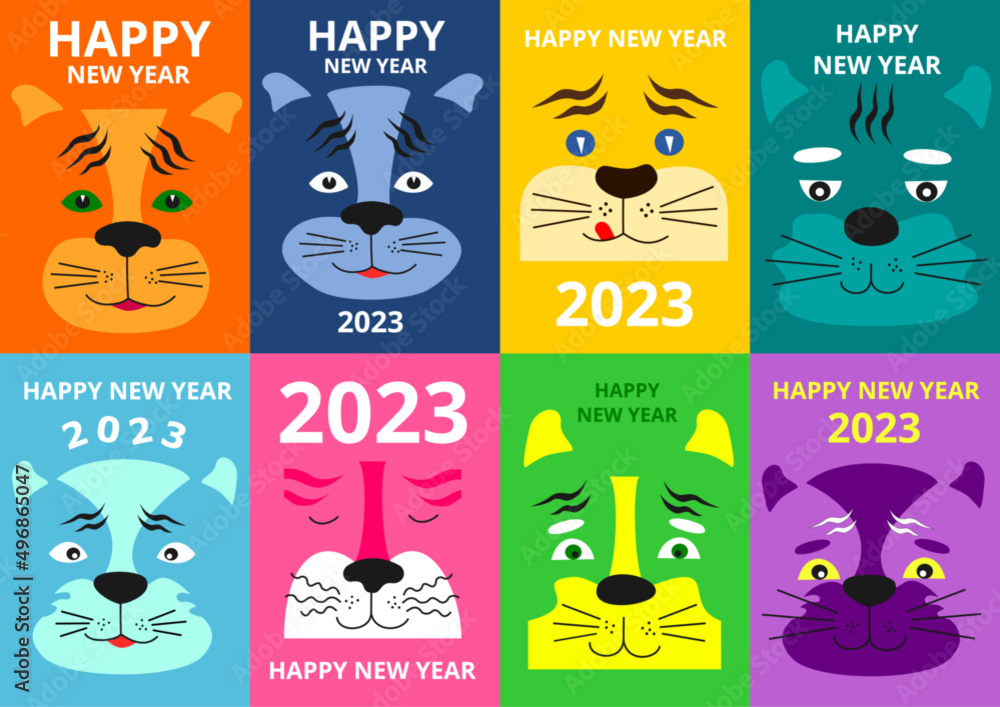 Vector festive set design template New Year 2023 card. Funny abstract animals. Vertical flat digital eps pattern image of cat for congratulatory typography poster, souvenir, gift