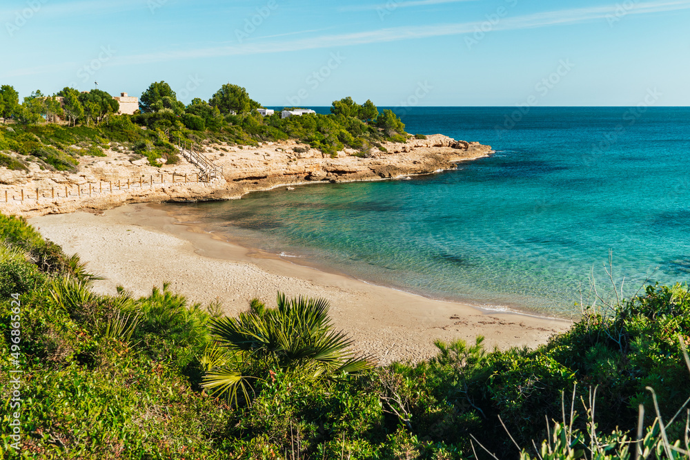 Views of Cala Vidre Beach located in the town of Ametlla de Mar, Tarragona, Costa Dorada, Spain.
