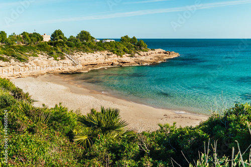 Views of Cala Vidre Beach located in the town of Ametlla de Mar, Tarragona, Costa Dorada, Spain.