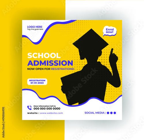 School education admission social media post & back to school web banner template or square flyer poster
