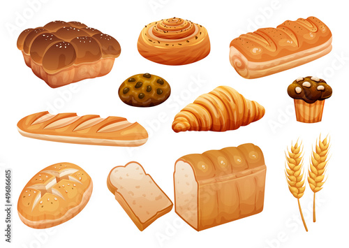Bread illustration set. Bakery pastry products isolated on white